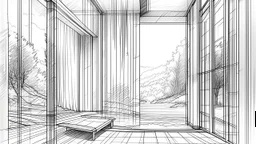 sketch lines, An expansive glass panel that opens up to a sunny sky, filling a modern interior with light, where the sound of water splashing can be heard from a waterfall feature, creating a tranquil atmosphere., pencil drawing