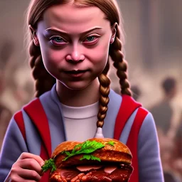 pixar style anamorphic greta thunberg eating bloody meat