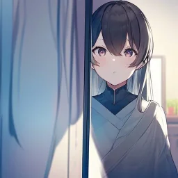 anime girl is looking at her reflection in the mirror.the reflection is distorted