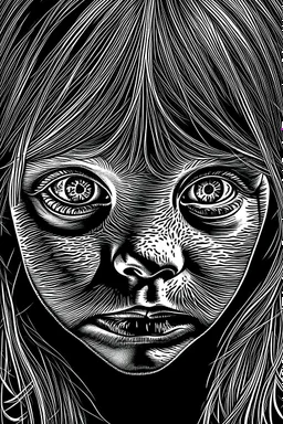 "(high resolution) (dramatic portrait), (little girl), (harsh light), ((up the nose:1.25)), (intense shadows), (contrasting tones), (close-up), (edgy expression), ((emphasized features)), striking eyes, (unique angle), (bold composition), (intense mood), ((contoured features)), (strong personality), (realistic skin texture), (professional photography), (edgy fashion), (creative makeup), ((intense gaze)), (fierce beauty), (sharp details), ((fashion model)), ((high cheekbones)), (intense highlight