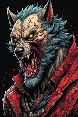 highly detailed full color, concept illustration of an ancient lycanthrope anti hero character , maximalist, sharp focus, highest resolution, in the styles of Alex Pardee, Denis Forkas , and Masahiro Ito, boldly inked, 8k, coarse, gritty textures