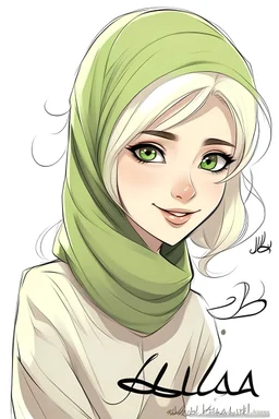 Simple drawing , Girl,،beautiful, blonde , ، wears a hijab ، Write a signature Bella , cartoon style ، Bella