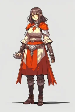 full length, 22-year old female cleric, red bracelet, scale mail