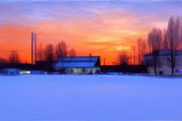 Sunset, winter, cyberpunk buildings in the ice, tendency to science fiction, impressionism painting