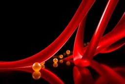 A striking abstract composition featuring flowing, high-shine red ribbons set against a deep black void. Diagonal architectural curves meet soft, out-of-focus golden light orbs. Bright reflective surfaces create a high-contrast look with a luxurious, high-tech feel. Cinematic color grading, sharp focus on textures.