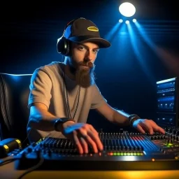 A short brown beard DJ with a baseball hat on his head, sing at microphone, many electronic consoles at club, laser show, FRONT VIEW