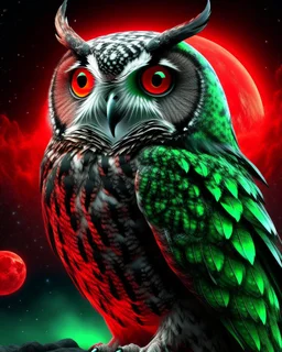 Owl design with ice, lava and starlight, iridescent wings under a molten lava blood red moon with eerie fog, the owl has green eyes 8k UHD Gothic fantasy art with splatter.