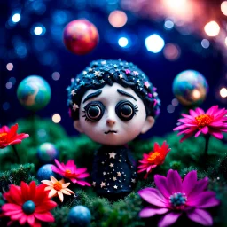 Fake people made of modeling clay, naïve, stars and planets, flowers, naïve, Tim Burton, sparkles, Harry Potter, bokeh