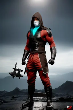 muscular ninja assassin, athletic build, wearing black and red baggy pants with pockets, hood and balaclava mask, tan skin, big boots, two swords crossed behind back, dark hazel eyes, eyes are both in proportion and green, 3/4 look, 5 o'clock shadow, short brown hair, large arms and hands, standing, dark cobblestone alley, one halo white light behind head, non photorealistic rendering in the art style of j.scott campbell