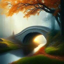 ultra realism, bridge over ravine in autumn,white radiating horse, fantasy art, spray paint, fog, light rays, fox, dogs