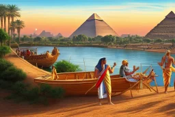 An ancient Egypt city at the Nile, pyramids in the background, Egyptian temples, lush vegetation, by matthieu lauffray, sunrise, stunning environment, perfect composition, professional digital painting, super highly detailed, wide-angle, diffused lighting, 8 k Uhd, god rays