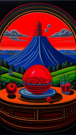 full shot of happy dandys eating cherries in a floating glass dome, dreamlike atmosphere, in the background the landscape burns like hell, in the style of juan gris