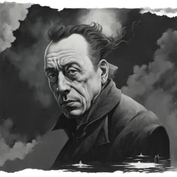 Artists leonardo Da Vinci and Michael Whelan and George Herriman unleash a captivating portrait illustration of Albert Camus, his wicked countenance dominating the canvas, clear eyes piercing through enveloping darkness, brilliantly grounded against the backdrop of an elusive nightmare, palpable textures, Whelan's distinctive visceral style, detailed line work, opulent shadows, hyperrealistic