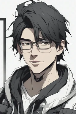 A 27-year-old young gentle man, with black hair, a thick chin, and wearing glasses, black clothes, hoodi, cyberpunk, smart face, Confident smile