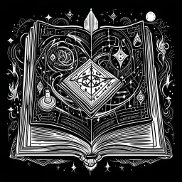 Make black and white cute drawing of a Spellbook with black bold lines. Only outline, no grayscale. A thick, glowing book with intricate designs on its cover. Show magical symbols and runes floating above the open pages, and surround it with tiny glowing motes of light.