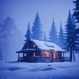 A cabin deep in the woods, during a winter snowstorm,big snow-covered Christmas trees with bright colorful lights in the background,,