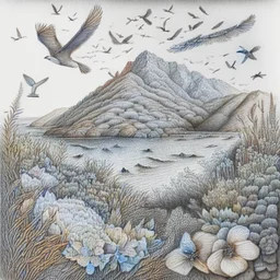 A pencil drawing of a landscape with mountains, ocean, a flock of birds and a lot of wild flowers.