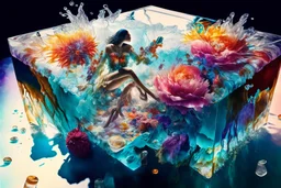 Image capturing the fantastical scene you described, with a central female figure surrounded by an explosion of floral and fluid elements, mixing hyperrealism with a touch of surrealism. The vibrant colors and dynamic movement create an immersive and energetic composition. Image is inside an ice cube on a coffee table.