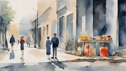 painting. watercolor. poor family. Selling on the sidewalk. salesman. minimal