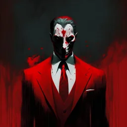 a sinister figure wearing a red suit with a red tie with no face and dirty slicked back hair