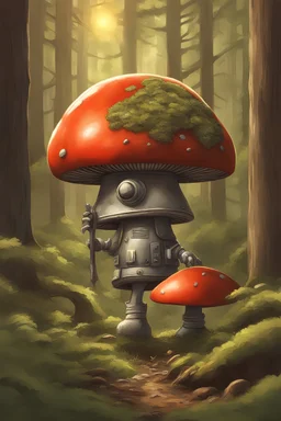 Metal soldier old growth forest mushroom planet sunny day