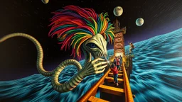 master oil painting by Rembrandt, roller coaster hypno psycho alien squid with rasta wig breast feeding with some bad ass power off shore oil platform cyber punk people experiencing gravity at its worst, pin hole cam, twisted perspective, goa trance music poster, awake within a psychedelic mushroom dream, with some motion blur background, and hyper depth perception layout