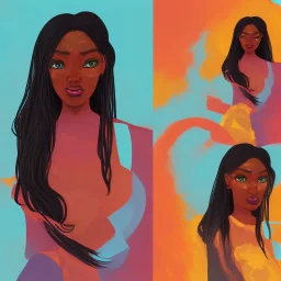 Portrait of beautiful black woman, illustration, bright colors, long hair