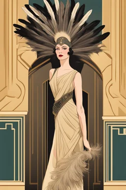 a woman with feathers in an Art Deco foyer