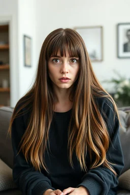 A portrait shot of an scared woman with long brown hair without bangs, red eyes, pale skin; wearing a long-sleeved black sweatshirt; sitting on a couch; modern living room setting during the day; semi-realistic style, pay attention to details