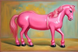 Big pink plastic toy horse.19th painting