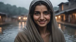 Hyper Realistic close-up-face-view of Beautiful-Happy-Pashto-Woman-with-beautiful-eyes whirling across the streets of her village riverside at heavy-rainy-night with dramatic-&-cinematic-ambiance