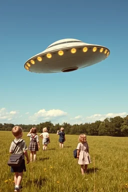 bumpersticker, westall ufo 1966, lots of school children looking up in a field, mysterious cool, bold