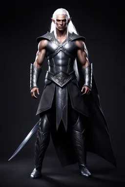 Male elf, muscular warrior, dark grey skin, long white hair. Sci-fi Fantasy. Photorealistic