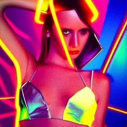 A 1990s or early 2000s magazine photoshoot. Neon, metallic, ethereal, angles. Extremely detailed, HD photography, high quality, stylized, dramatic, high contrast, high exposure grunge, film photography