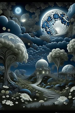 magic white silver landscape,night clouds,fairy-tale daisy house,stone path,layered trees with curlicues,fluffy flowers white voluminous daisies,radiance glow from inside op-art,black night,silver luminous full moon,curly clouds,silver stars,mysticism,fractals,grotesque,silver black,dark blue suspension,filigree drawing with ink and markers,airbrush,art nouveau,dark fantasy,dark botanical,color correction,volume,gloss,hyperrealism