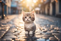 cute happy chibi cat standing on a wet cobblestone road in sunshine, ethereal, cinematic postprocessing, bokeh, dof