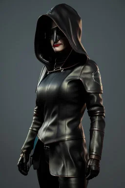 executioner in black leather, mature woman, tight hood, cleavage, evil, angry, steam punk, 8k,dark