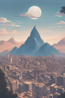 kota moderen dengan view pegunugan yang menjulang tinggi hingga menyentuh langit