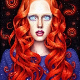 Deborah ann woll, her striking perfectly detailed clear eyes, her perfect, precisely detailed lightly freckled face, meticulously detailed long curly multi-hued ginger carrot cherry fire red hair, luminous colorful sparkles; by james r. eads, gawki, rajewel, tania rivilis, dan mumford, lisa frank, artgerm, greg rutkowski, alphonse mucha and william-adolphe bouguereau; glitter, airbrush, octane render, volumetric lighting, 16k, photorealistic digital painting, artstation, smooth, sharp focus, col