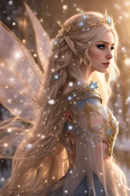 Elven princess,elven crown,long white blonde golden hair,rapunzel hair,ice flowers,beautiful,light blue,dark blue,golden armor,sparkle,glitter,ice flowers,snow,elven ears,dark fairy princess