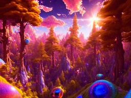 gold and red crystal cosmic and galactic ambiance hill sky rocks sunny trees pools mountain surreal, full of details, smooth, bright sunshine，soft light atmosphere, light effect，vaporwave colorful, concept art, smooth, extremely sharp detail, finely tuned detail, ultra high definition, 8 k, unreal engine 5, ultra sharp focus