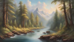 a painting of a serene forest with a river running through it, in the style of Bob Ross, Thomas Kinkade, and Albert Bierstadt, peaceful and calming, intricate details, vibrant colors, 4k resolution