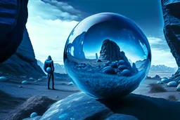 Blue transparent sphere seeing by a person, in the rocky alien landscape, infinite.