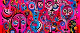 A magenta psychedelic realm with floating eyes designed in African masks painted by Pablo Picasso