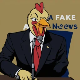 Add chicken crest and chicken beak to the image, also add chicken body with suit and tie. And a microphone 🎤. Cartoon style illustration. It has a phrase that says: "La Fake News." The word La in white on a blue background and the word Fake News in blue on a yellow background.