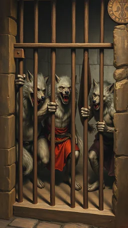 Bosch painting style , three wolfs men bent the prison bars and escaped