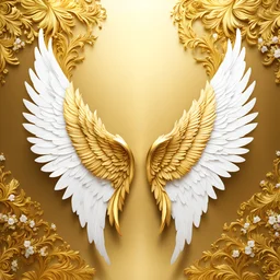 two beautiful angel wings, gold and white, extra clear, golden background,