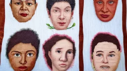 Make a Wide Fabric Panel of embroidery of 5 portraits, sew with threads, tapestry