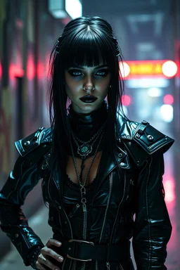 cyber-goth woman in black makeup, full cyber-goth clothes with matrix style, utopistic scifi, dark colors, fashion, random background, high detailed, high realistic