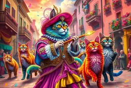 "The Feline Pied Piper of Hamelin, wearing an extravagant, flamboyant Renaissance costume in neon pinks, electric blues, gold and crimson, playing a glowing magical flute, leading a surreal parade of colorful, fantastical cats with glowing eyes and shimmering fur, dancing through vibrant Renaissance streets exploding with color, surreal skies, candy-colored buildings, confetti in the air, astonished townsfolk watching from wildly decorated balconies, ultra-saturated, psychedelic baroque style, e